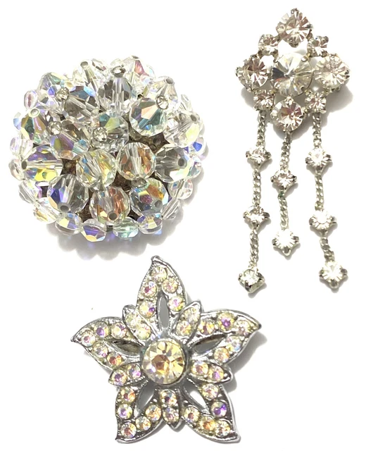 VTG LOT of 3 Rhinestone BROOCHES - 2 AB  1 Dangle