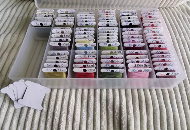 DMC stranded Cotton threads on 86 Bobbins in Organiser Box Colours 3011 - 3740