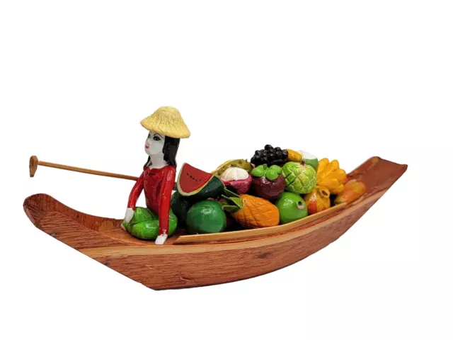 Wooden Thai Miniature Floating Market Boat Filled With Fruits Woman Hand Carved