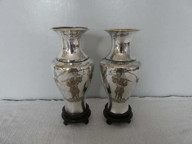 A Pair Of Antique Japanese Silver Plated Vases On Stands Meiji Period