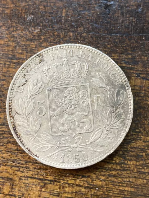 1850 Belgium 5 Francs XF Silver Coin - no dot above date World Silver Coin