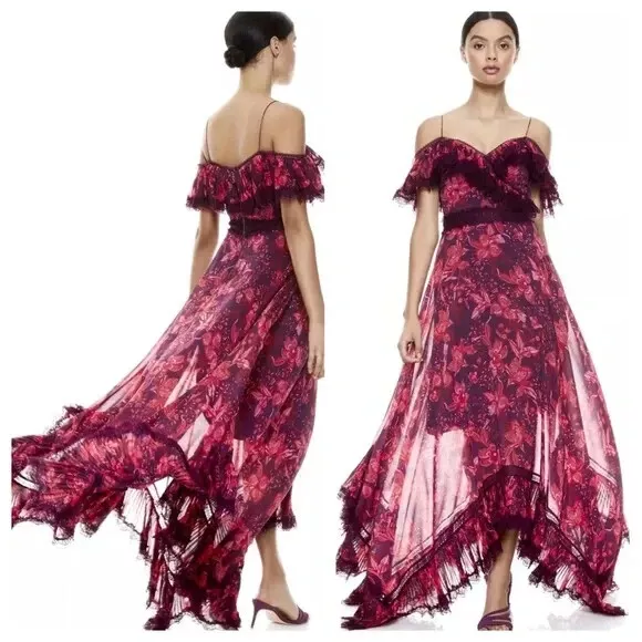 NWT ALICE + OLIVIA Harper Cold-shoulder Lace-trimmed Floral Maxi Dress Sz 4 Red