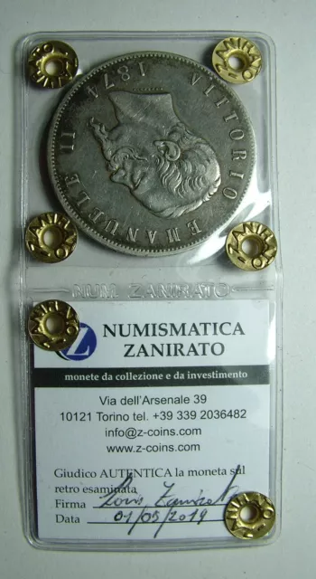 5 Liras Reino de Italia Vittorio Emanuele II 1874M Opinión de los Expertos BB +