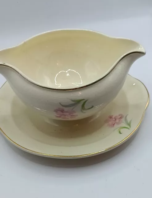 Taylor Smith Pink Floral Gravy Boat with UnderPlate Excellent