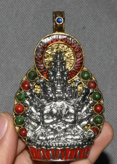 Old China Bronze Silver Gilt 1000 Arms Avalokiteshvara of Goddess Buddha Pendant