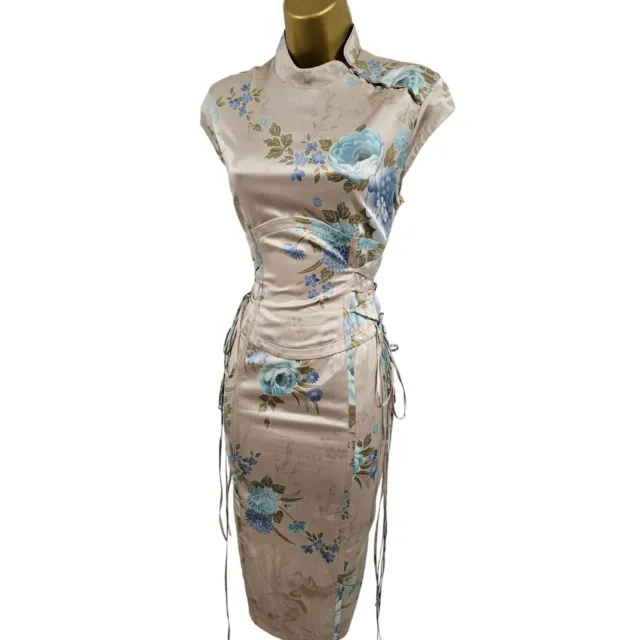 12 UK KAREN MILLEN Vintage Cream Floral Oriental Chinese Cheongsam Pencil Dress