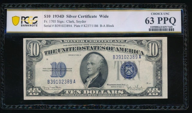 AC Fr 1705 1934D $10 Silver Certificate Wide PCGS 63 PPQ