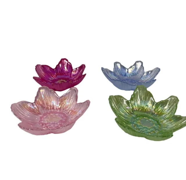 4 Akcam Iridescent Flower Shaped Shallow Art Glass Bowls Handblown Turkey