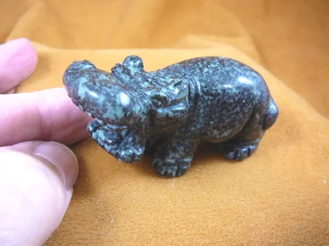 Y-HIP-713) Black green roaring HIPPO Hippopotamus Gemstone gem carving figurine