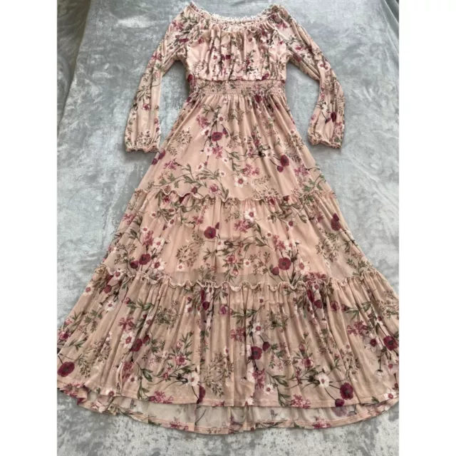 Kate and Lily Maxi Dress 12 Pink Dusty Rose Floral Tiered Maxi Mesh Peasant