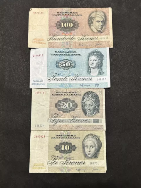 Set Of 1972 National Bank Of Denmark 10, 20, 50 & 100 Kroner Banknotes