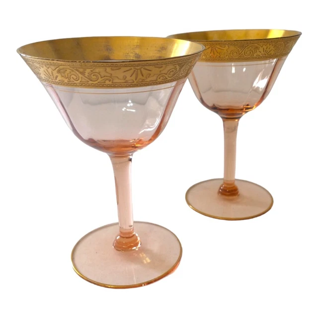 Tiffin Minton Pink Champagne Glass Couple Optic Panel Gold Encrusted 14196 Vtg