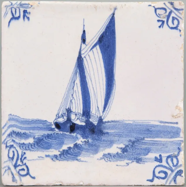 Nice Dutch Delft Blue tile, sailboat, mid 17th. century.