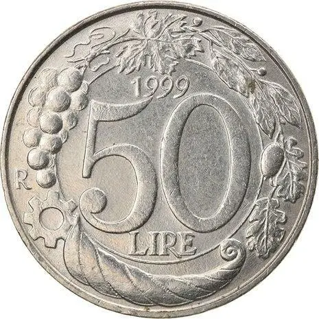 Italy Coin 50 Lire | Grapes | Cornucopia | Crown | Wheel | Star | 1996 - 2001