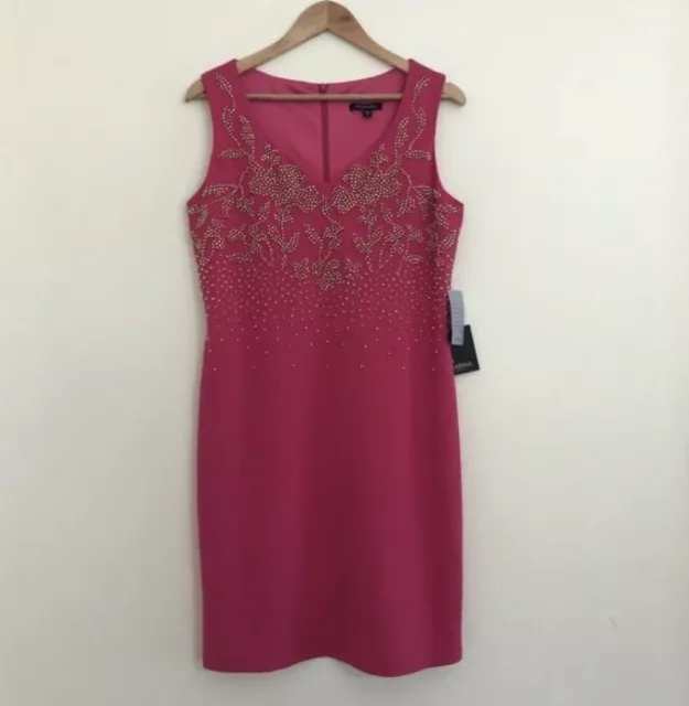 Marina gold bead embellished hot pink sleeveless v-neck sheath dress cocktail 2