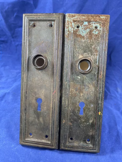 C.1930 Art Deco Door Knob BACKPLATES 8" x 2 1/2" Pressed Steel Old Door Hardware