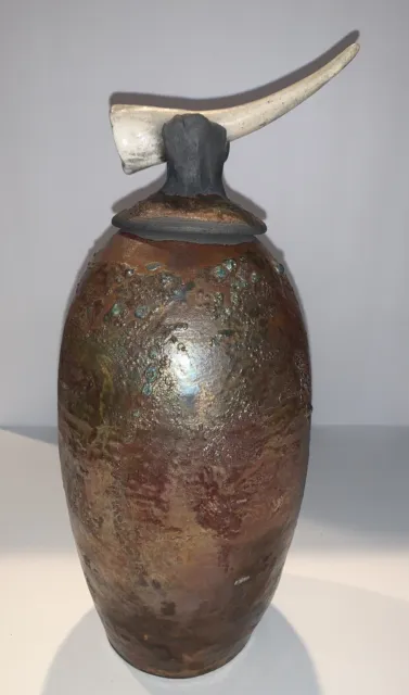 Signed Glazed Iridescent Bronze Raku Vase Lidded Studio Art Pottery British