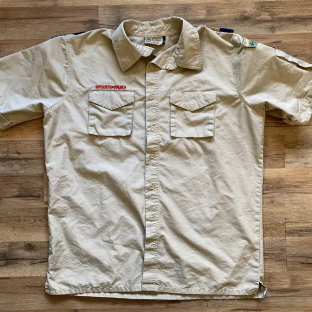 Boy Scout BSA UNIFORM SHIRT Men's Large Tan Short Sleeve Glued Patches