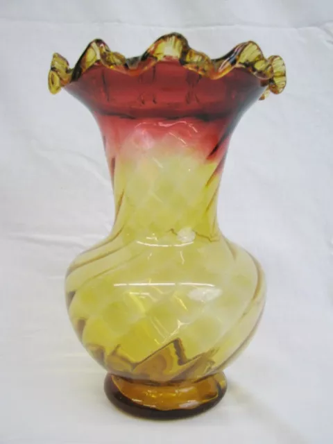 Beautiful, Large Size Victorian Amberina Vase With Ruffled Amber Top; C. 1870