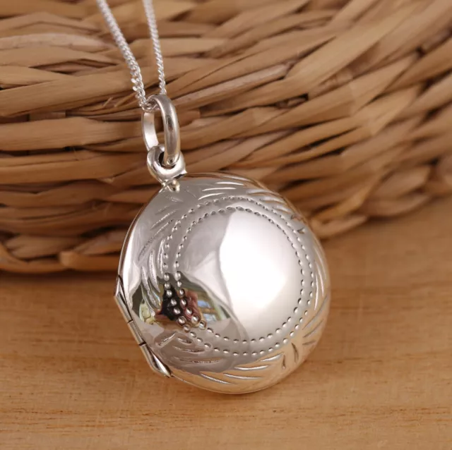 925 Sterling Silver Round Photo Locket Engraved Pendant Chain Necklace Gift Box