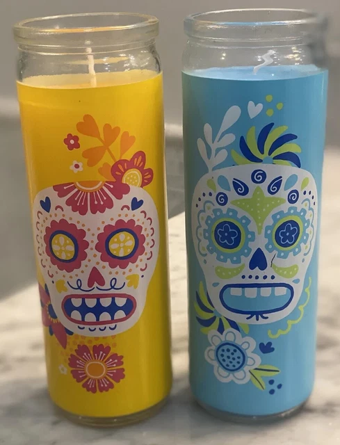 Lot Target DIA DE MUERTOS Glass Tall CANDLE Flavia Z Drago BLUE YELLOW Offrenda