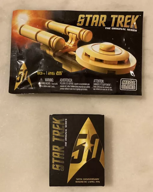 STAR TREK 50th Anniversary Magnetic Lapel Pin and Enterprise Mega Bloks; NEW