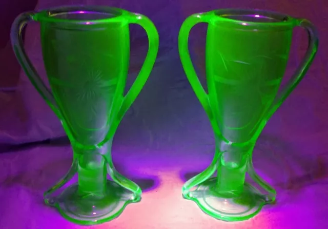 Vaseline Glass Fine Set Fostoria 1900's "Trophy or Loving Cup, or Vases, Etched"
