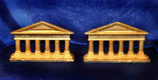 Neoclassical Greek Roman Temple Bookends Gilt Columns Architectural Iron