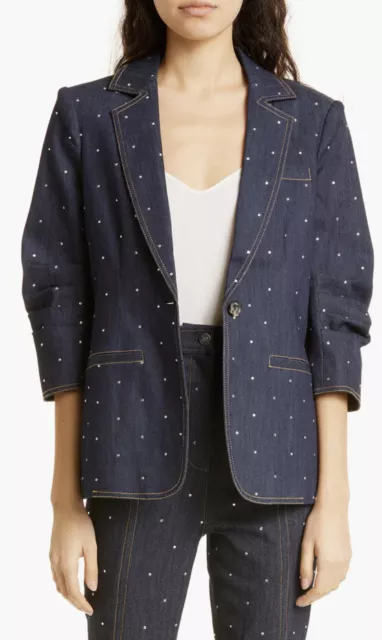 New Cinq A Sept Khloe Rhinestone Ruched Sleeve Blazer In Indigo Size 8 $595