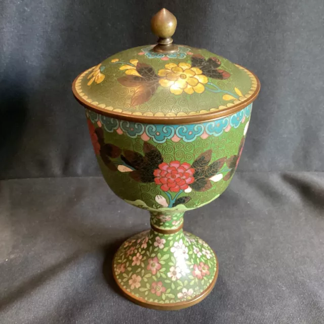 8 3/8” Tall Vintage / Antique Chinese Cloisonne Covered Urn Lidded Vase Flowers