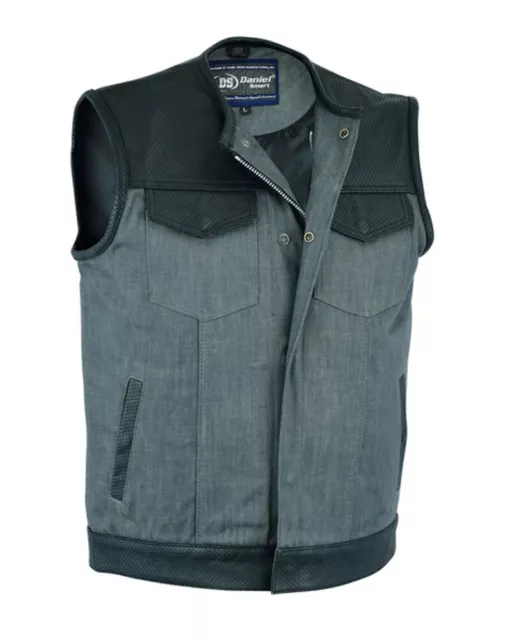 Men's Black Ash Gray Leather Denim Vest Conceal Pockets Close-Out Sale - Ma87