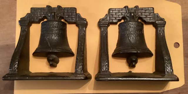 Pair Vintage Bronze Finish Liberty Bell Cast Iron Bookends