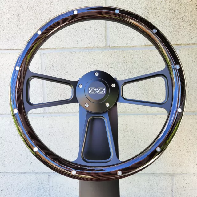 14" Black Billet Steering Wheel Real Dark Burnt Pine w/ Aluminum Rivets Chevy SS