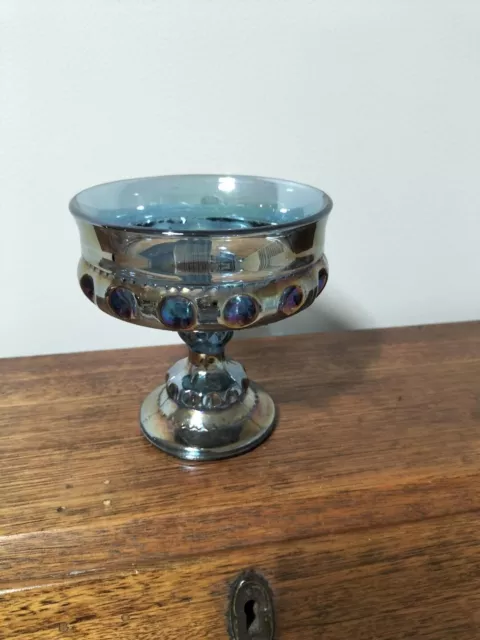 Carnival glass small compote  Kings crown iridescent blue 5" high, 5" wide