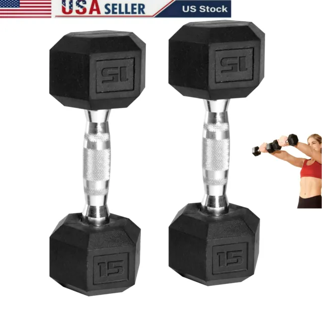 New Coated Rubber Hex 15lb Dumbbells Set of 2 Black Weight Barbell Pairs US