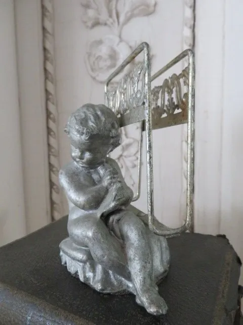 Old Vintage Cast Iron Metal CHERUB with HOLDER for Book Letters Napkins Display