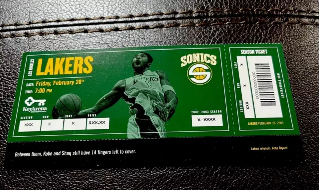 Kobe Bryant (pictured)  full unused ticket (proof) vs seattle 2003. LA Lakers