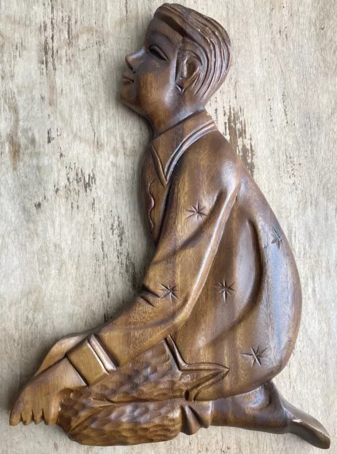 Vintage Hand Carved Wood Sculpture Wall Hanging Decor Kneeling Man Stars Prayer