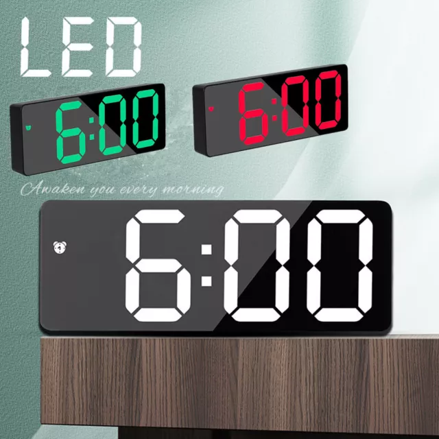 USB Battery Digital Electronic Mirror Alarm Clock LED Night Light Bedside Wall