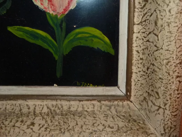 Rare Lot 2 Gros Cadre Bois Ancienne Peinture Sur Tôle Métal Fleurs Signe Be 3