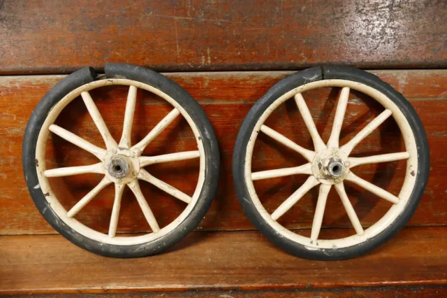 Antique Primitive Set Of 2 Wooden Spoke 12” Wagon Goat Cart Baby Buggy Wheels