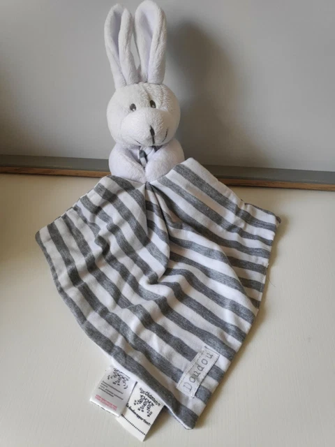 Peluche doudou lapin blanc mouchoir rayé gris Les Chatounets état neuf