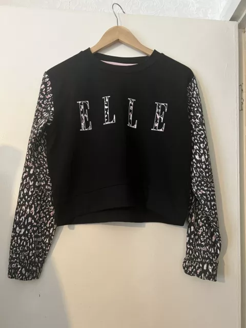 Felpa Maglione Elle Cheetah Logo Junior Bambini Ragazze Fashion Crew Nero