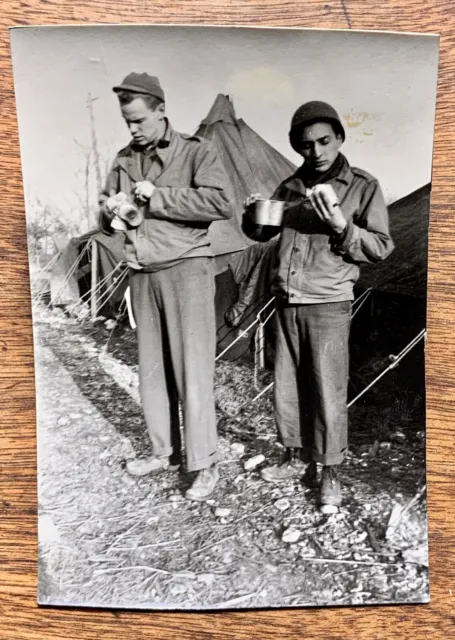 WW2 Original Army Soldier Photo Eating Bivouac Site Photograph Tents WWII