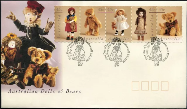 1997 Australia Dolls & Bears Strip Of 5 Stamps First Day Cover, Very Good Cond