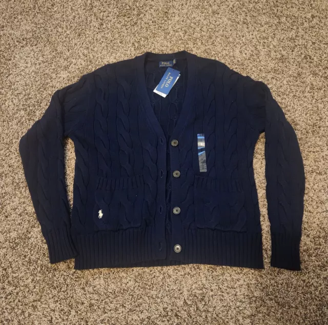 WOMEN'S POLO RALPH Lauren Navy Cotton Cable Knit Cardigan Sweater New  $75.00 - PicClick