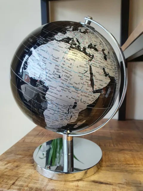 Black and Silver Rotating Globe, Chrome Coloured Base Desk Atlas World Map Globe