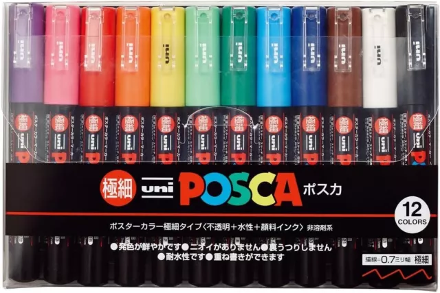 NEW UNI POSCA Paint Marker Pen Extra Fine Point 12 colors PC-1M12C Japan