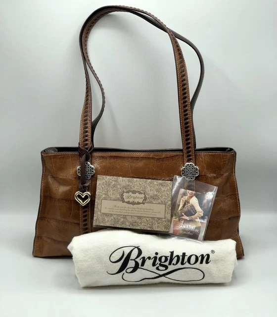 Vtg Brighton Tan Structured Croc Embossed Leather  Shoulder w/ Dust Bag /b