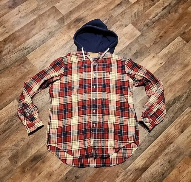 Vintage Polo Ralph Lauren Hooded Flannel Shirt Heritage Brand Plaid L Thermal